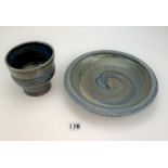 Studio art pottery dish and goblet. signed JH Jane Hamlyn 9.5” dia and 4.5” high