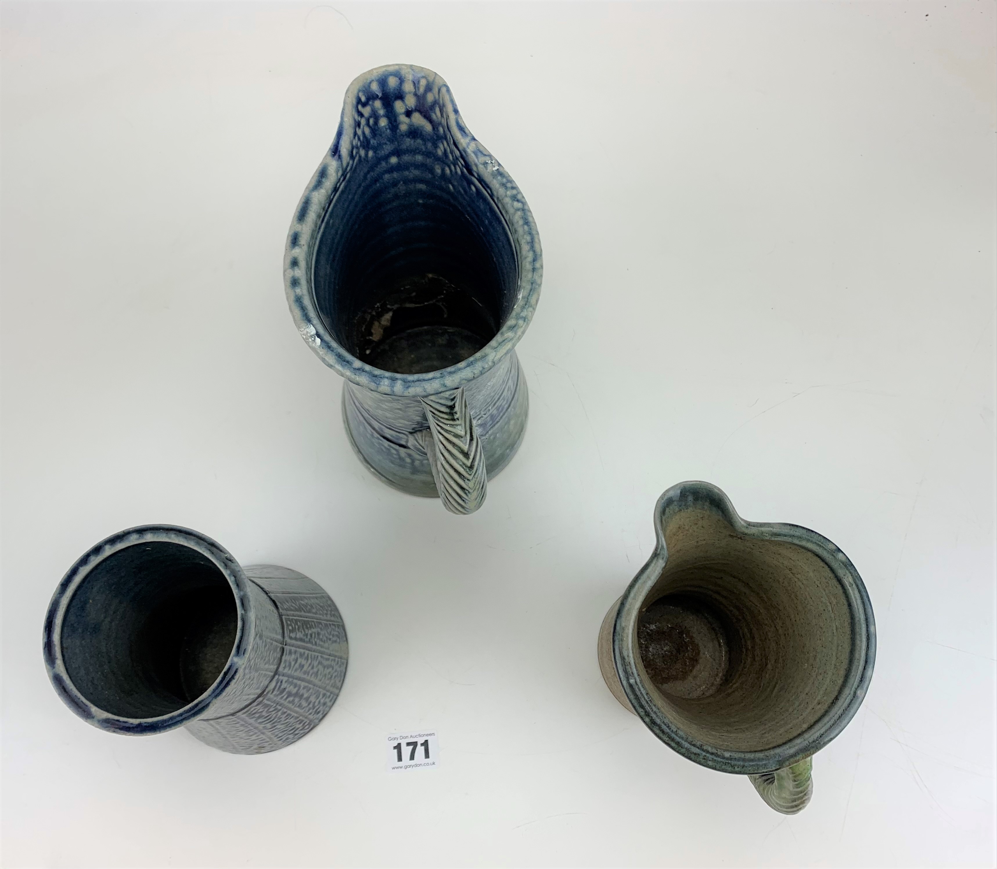 2 x Studio art pottery jugs and 1 vase signed JH Jane Hamlyn 6.5”,7” and 8.5” high - Image 6 of 8
