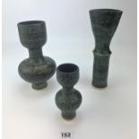 Set of 3 x green stoneware art pottery vases. 6”, 9.5”, 10”