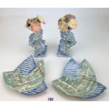 Pair of Studio art pottery candle holders and matching 2 dishes. Signed. 9” high and 9.5” dia