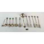 3 silver/enamel teaspoons, 5 pickle forks, small ladle, golf club & 2 embossed teaspoons.