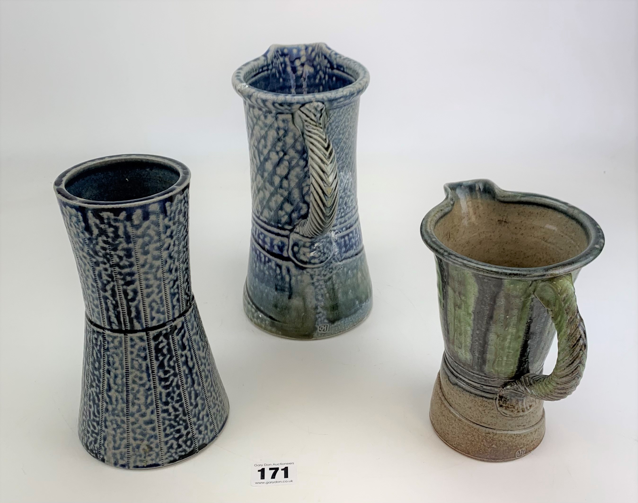 2 x Studio art pottery jugs and 1 vase signed JH Jane Hamlyn 6.5”,7” and 8.5” high - Image 5 of 8