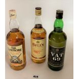 3 bottles of whisky - VAT 69, Bell's and The Claymore