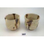 2 x Studio Art pottery colour glaze, oxidized stoneware cups signed Takeshi Yasuda. 4” high