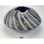 Studio art pottery blue striped vase. 15” dia x 8” high