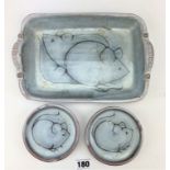 Studio art pottery mouse design dishes and tray. Signed Elisabeth Bailey. 7” X 9.5” and 4.5” dia