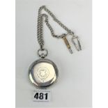 Silver hunter pocket watch T.R. Russell, Liverpool. With plated chain