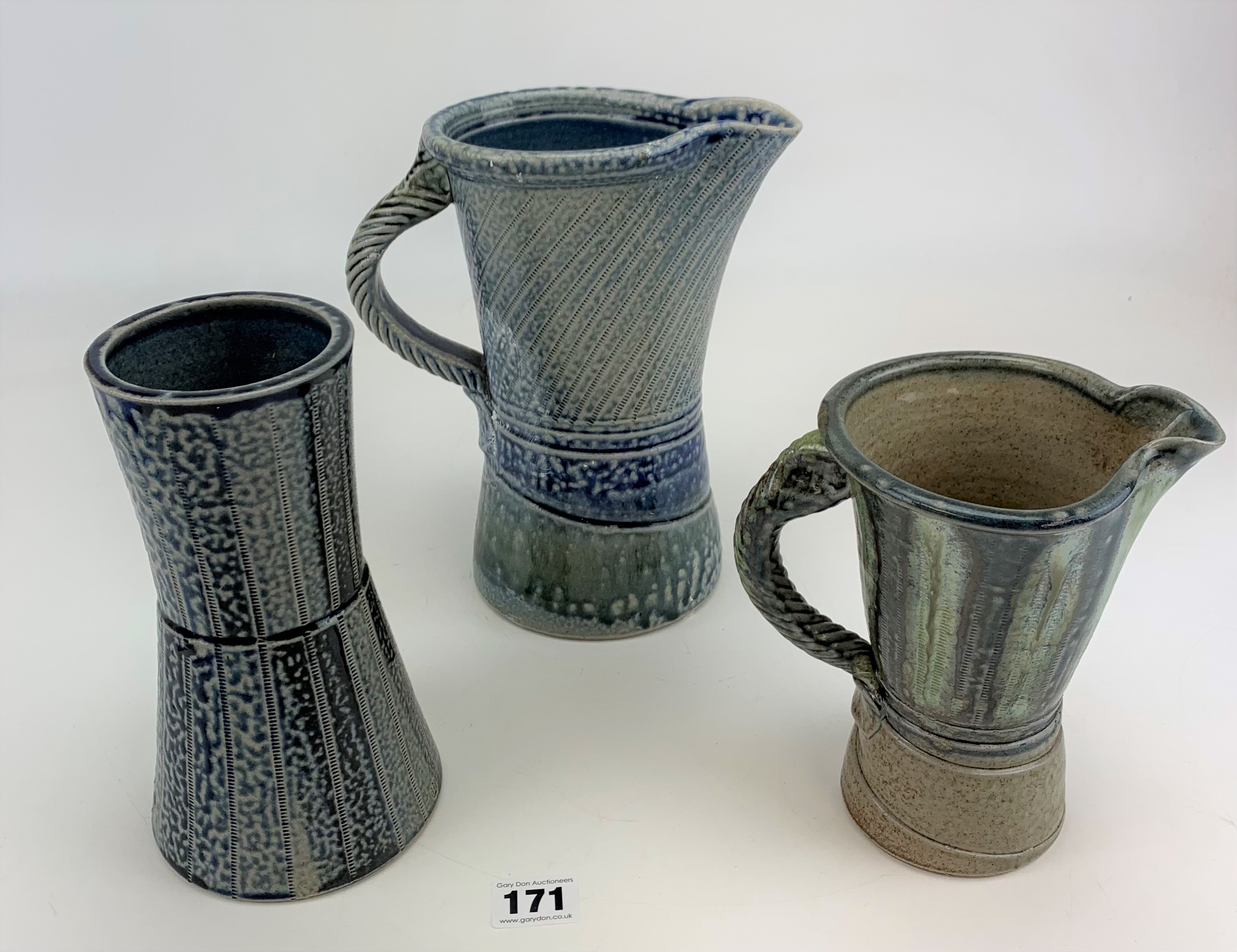 2 x Studio art pottery jugs and 1 vase signed JH Jane Hamlyn 6.5”,7” and 8.5” high - Image 4 of 8
