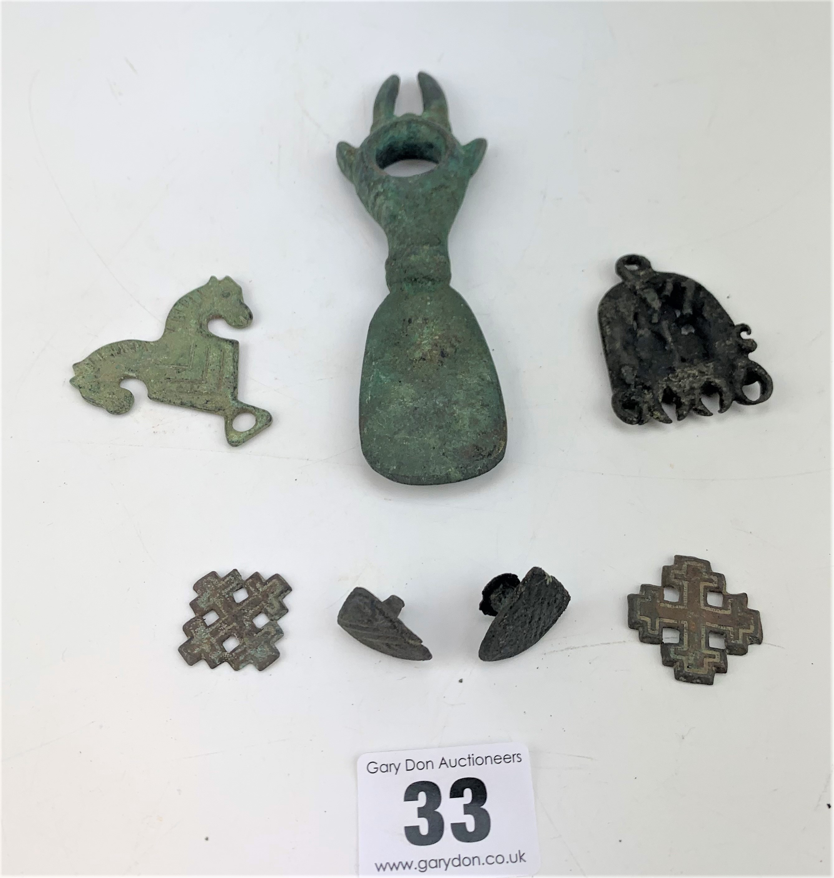 Medieval studs, 2 Crusader badges, bottle opener and metal items - Image 2 of 6