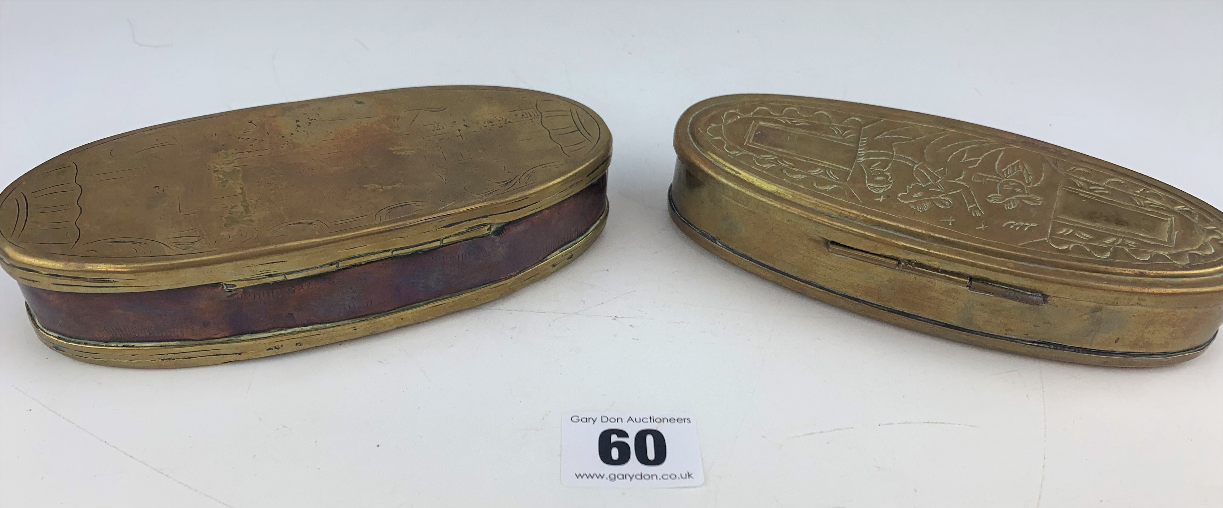 2 oval embossed brass tobacco boxes - Image 5 of 6