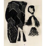 Vintage black/sequinned shawl, scarf & cap