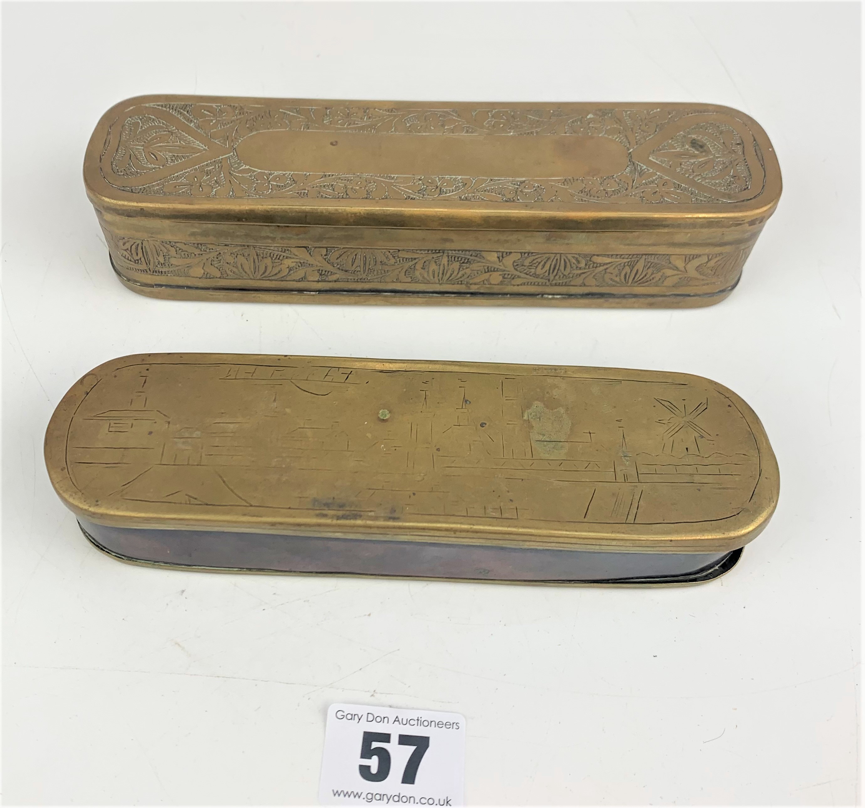 2 embossed brass tobacco boxes