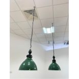 2 green metal hanging lights