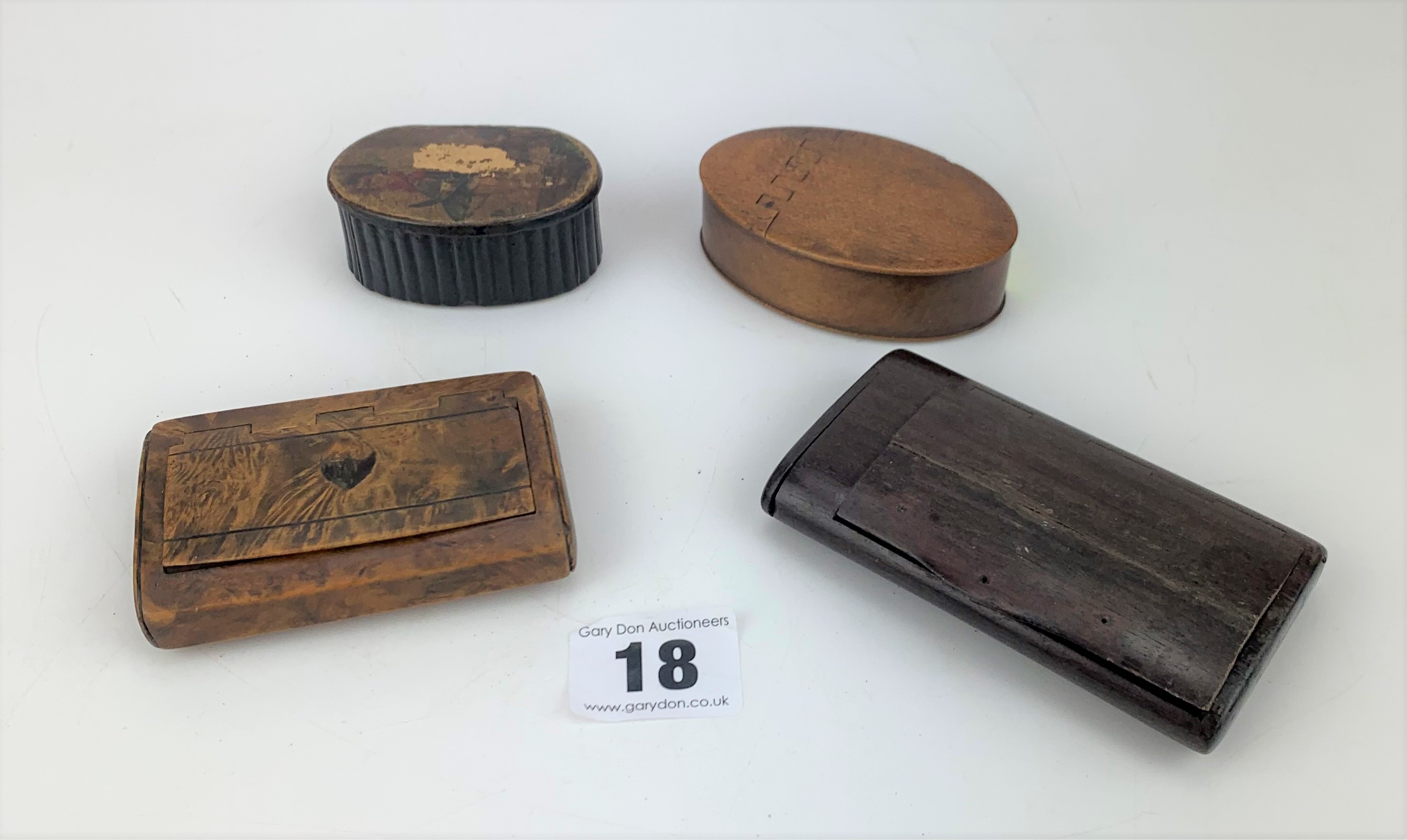 4 mixed wooden snuff boxes