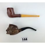 Head shaped wooden pipe & amber stem pipe
