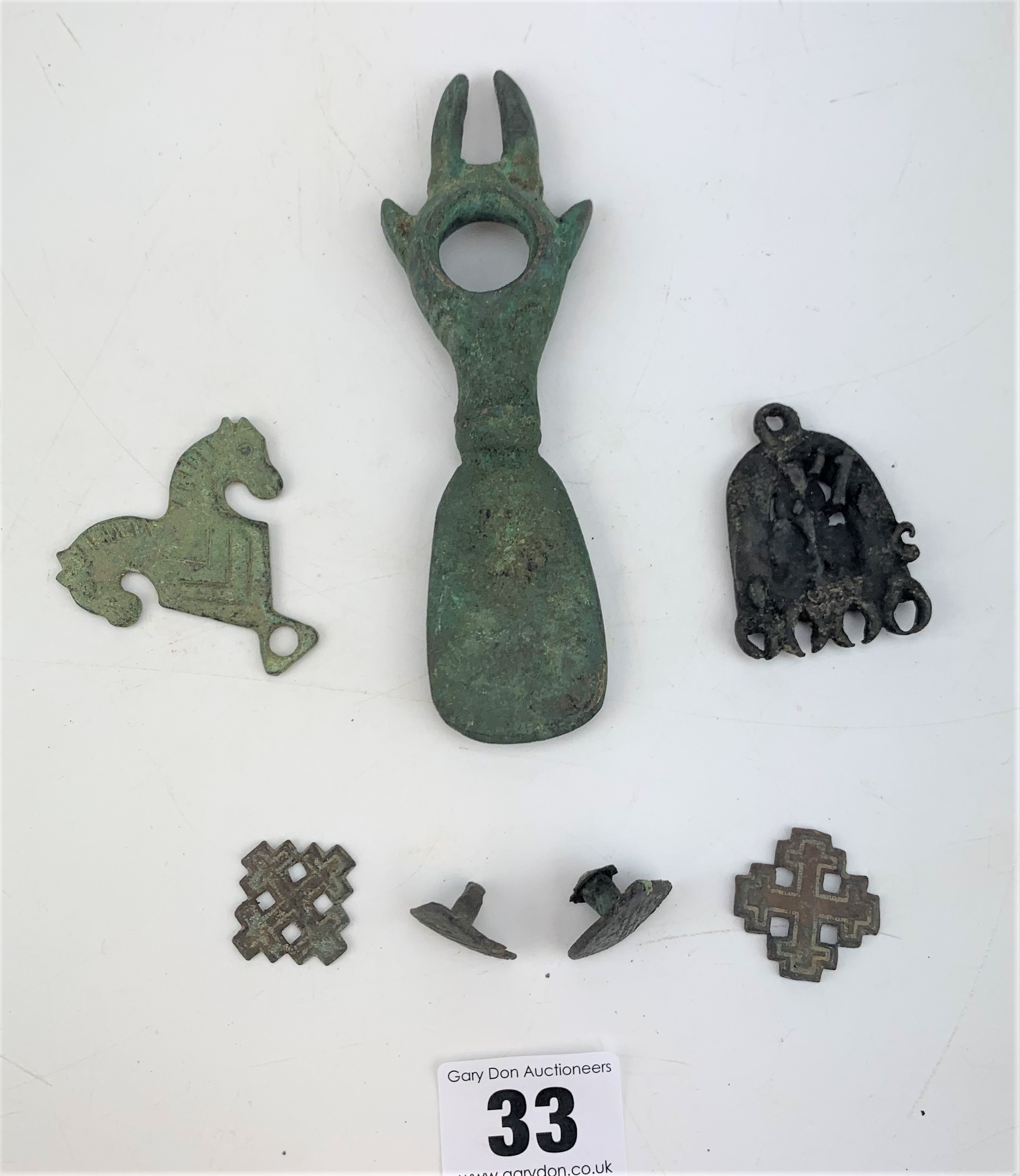 Medieval studs, 2 Crusader badges, bottle opener and metal items
