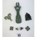 Medieval studs, 2 Crusader badges, bottle opener and metal items