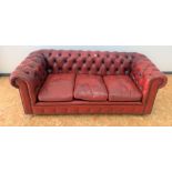 3-seater red leather Chesterfield settee