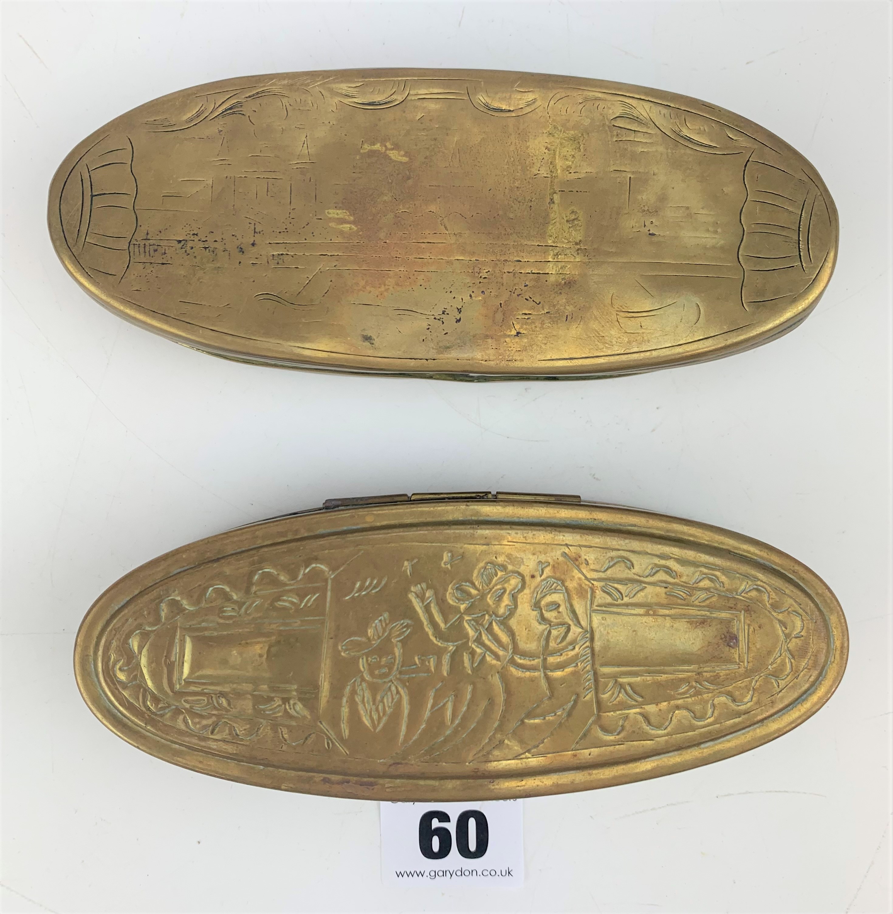 2 oval embossed brass tobacco boxes - Image 2 of 6