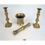 Brass candlesticks & mortar and pestle