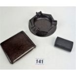 Bakelite ashtray, cigarette case & snuff box