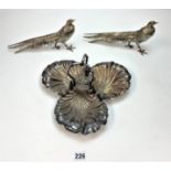 Pair of silver plated pheasants & plated dish