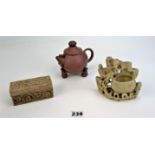 Chinese terracota teapot & soapstone items