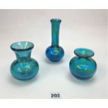 3 Mdina blue glass vases