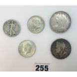 2 UK silver crowns & 3 USA half dollars