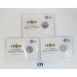 3 x silver UK £20 coins 2015 & 2016