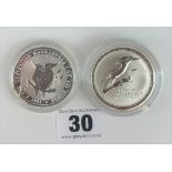 2 Australia 1 oz. silver dollars