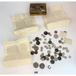 Tin of assorted coins and paperwork