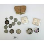 2 UK crowns, 1923 USA $1 & assorted coins