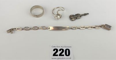 Mexican silver bracelet, charm & 2 rings