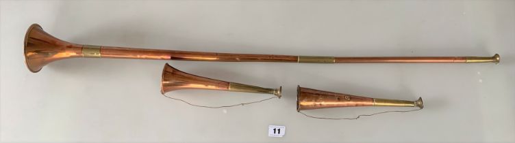 3 copper/brass hunting horns