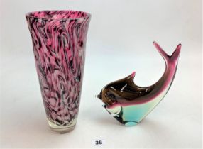 Pink glass vase & glass fish