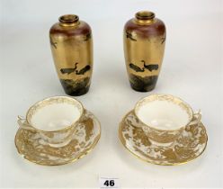 2 R.C. Derby cups/saucers & 2 lustre vases