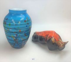 Glass vase and pottery bull