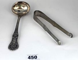 Silver tongs and plated ladle