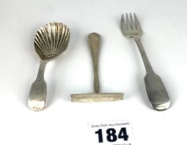 Silver baby fork, pusher and spoon