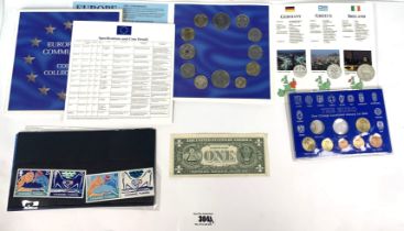 Euro coin & stamp packs & $1 bill