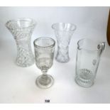 3 cut glass vases and a water jug