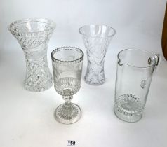 3 cut glass vases and a water jug