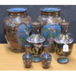 Pair of Japanese cloisonné vases, decorated with birds and other wildlife, 12.5" high ; together