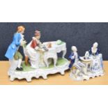 Large porcelain figural group of a lady playing a grand piano, a gentleman standing beside, marked