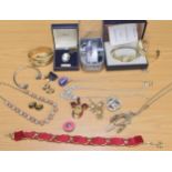 Assortment of costume jewellery to include a fancy set necklet, coral and pearl necklet, pair of
