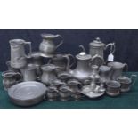Selection of antique and later pewter to include coffee pot 10" high, tea pot, two toddy cups,