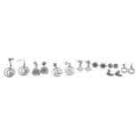 Eight pairs modern silver stone set earrings to include a silver gilt and silver rose gilt