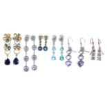 Six pairs modern silver gem set earrings to include silver gilt and silver rose gilt examples (6)