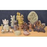 Interesting collection of mostly Chinese carved soapstone figures and sculptures; also two